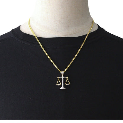 Libra Scales Pendant Necklace with Cuban Chain - Gold, Silver or Two-Tone Cubic Zirconia Statement Necklace for Women & Men