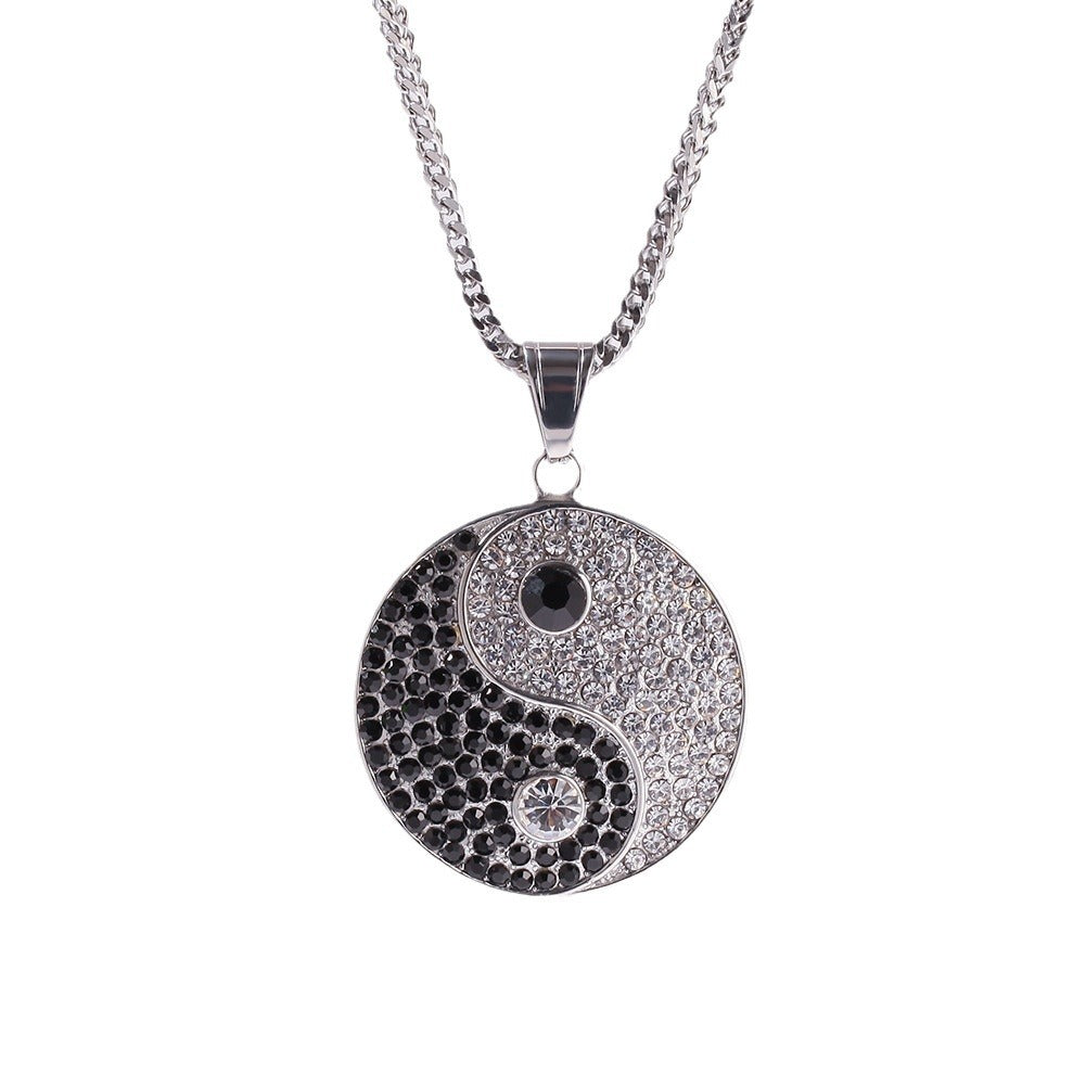 Gold Plated Stainless Steel Yin Yang Pendant Necklace with Crystal Round Charm Chain for Women and Men product image