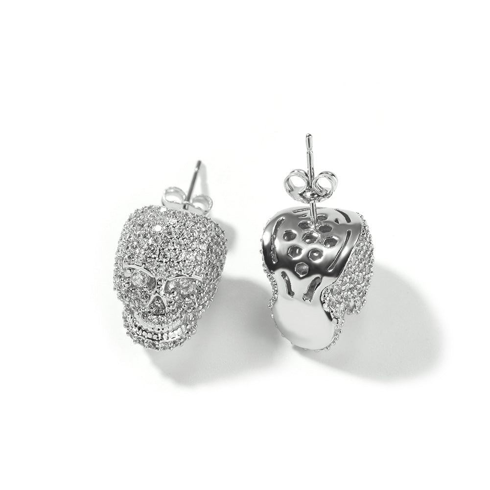 Unisex Skull Stud Earrings with Cubic Zirconia - Hip Hop Statement Earrings in Gold or Silver Tone