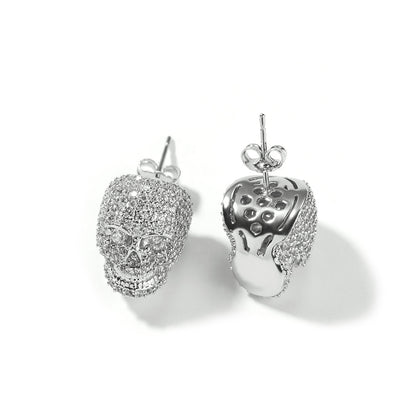 Unisex Skull Stud Earrings with Cubic Zirconia - Hip Hop Statement Earrings in Gold or Silver Tone