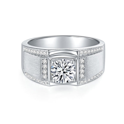Moissanite Wedding Ring for Men, Wide Brushed Band with Round Center Stone