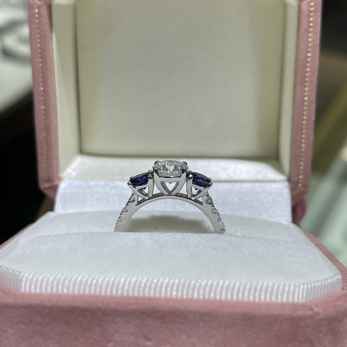 Three-Stone Moissanite Ring for Women, Blue Accent Engagement Ring product image