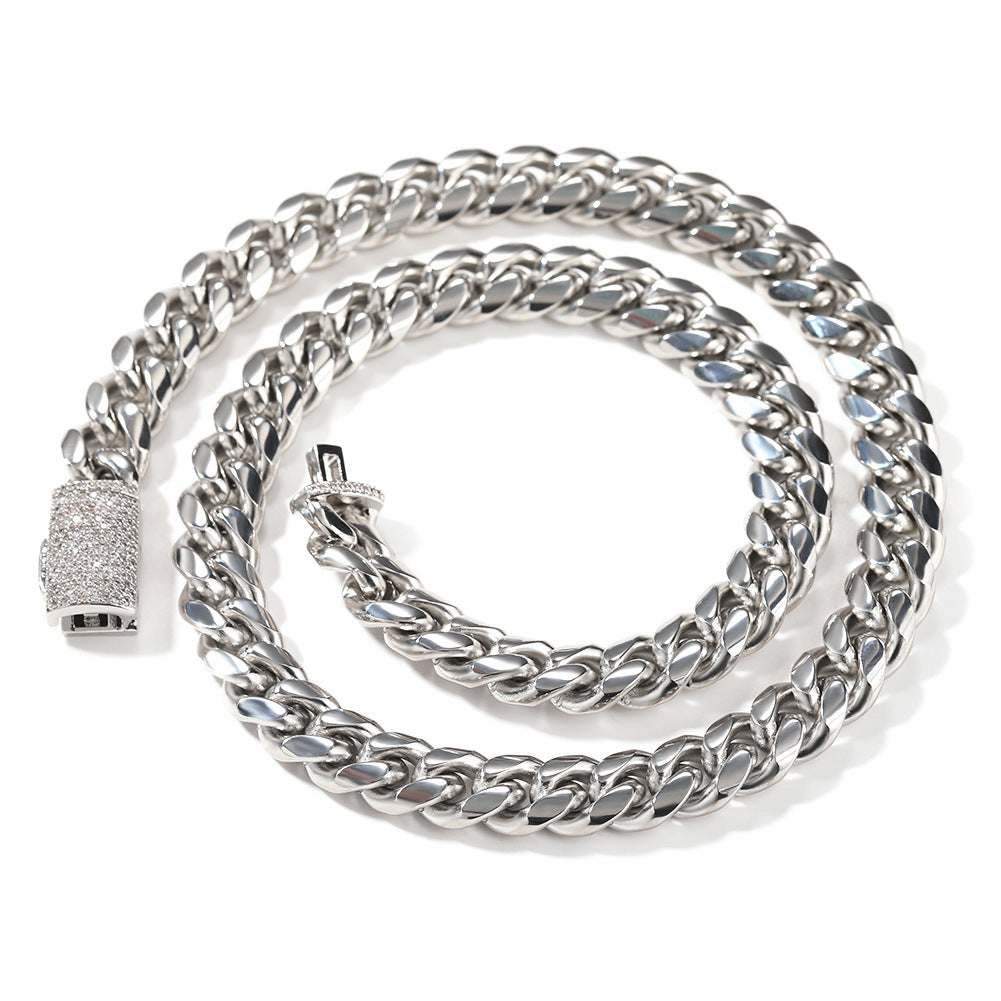 Iced Cuban Link Chain Necklace & Bracelet in Stainless Steel with Cubic Zirconia Clasp - Unisex Hip Hop Statement Jewelry