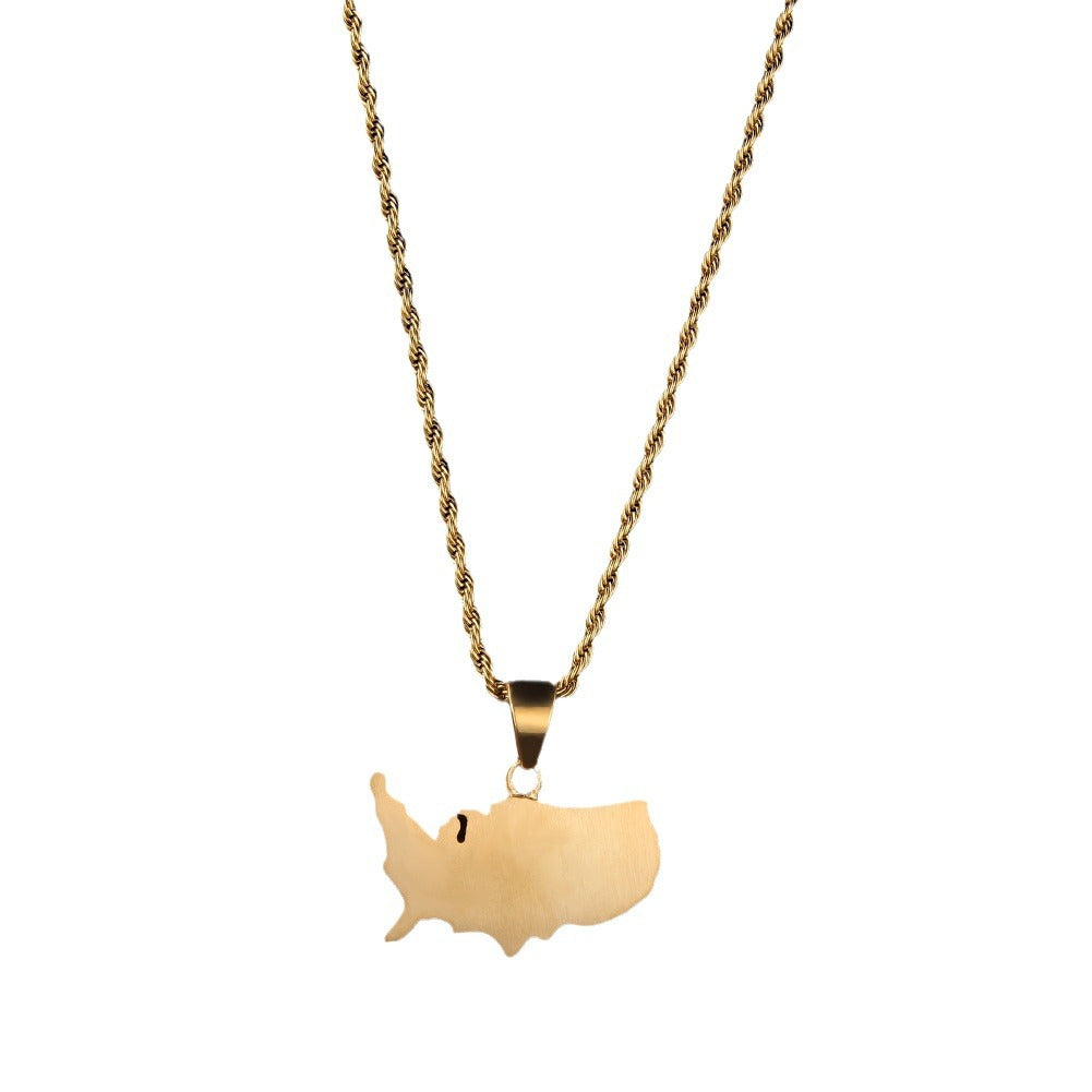 Men’s Gold Tone USA Map Pendant Necklace - Iced Out Stainless Steel Rope Chain Statement Necklace