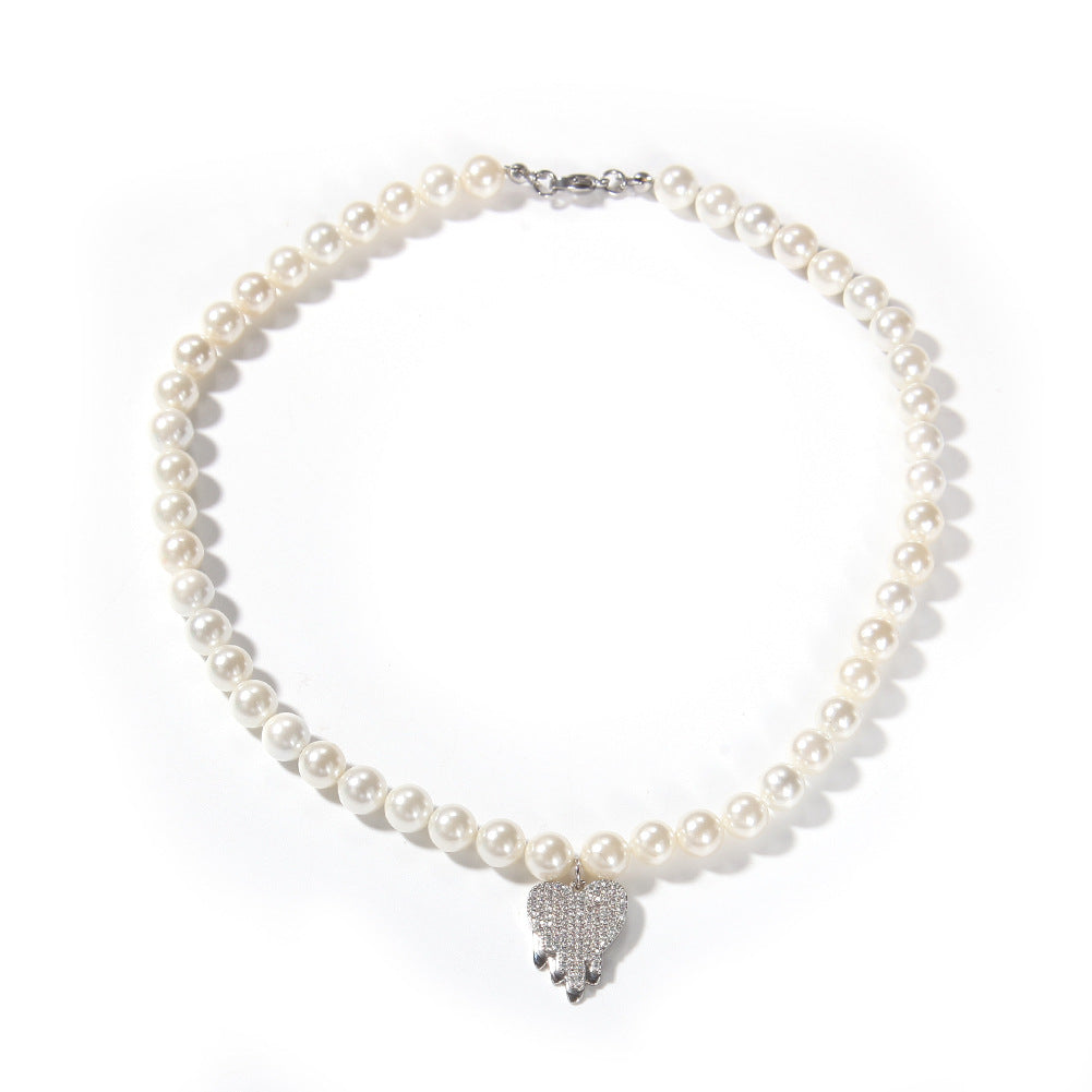 Unisex Pearl Chain Necklace with Cubic Zirconia Heart Pendant - Trendy Statement Pearl Necklace