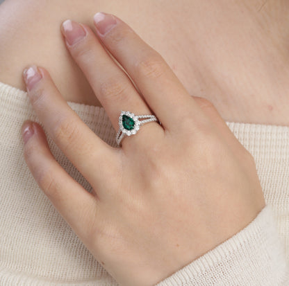 Pear-Shaped Green Halo Ring, Split Shank Engagement Ring for Women