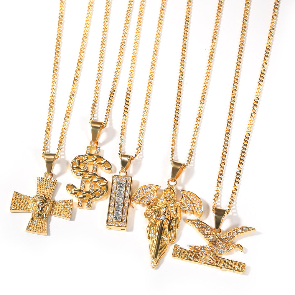 Iced Hip Hop Stainless Steel Pendant Necklace with 24 Inch Twist Chain - Dollar Sign, Eagle, Grim Reaper Skull, Portrait Cross Statement Chain