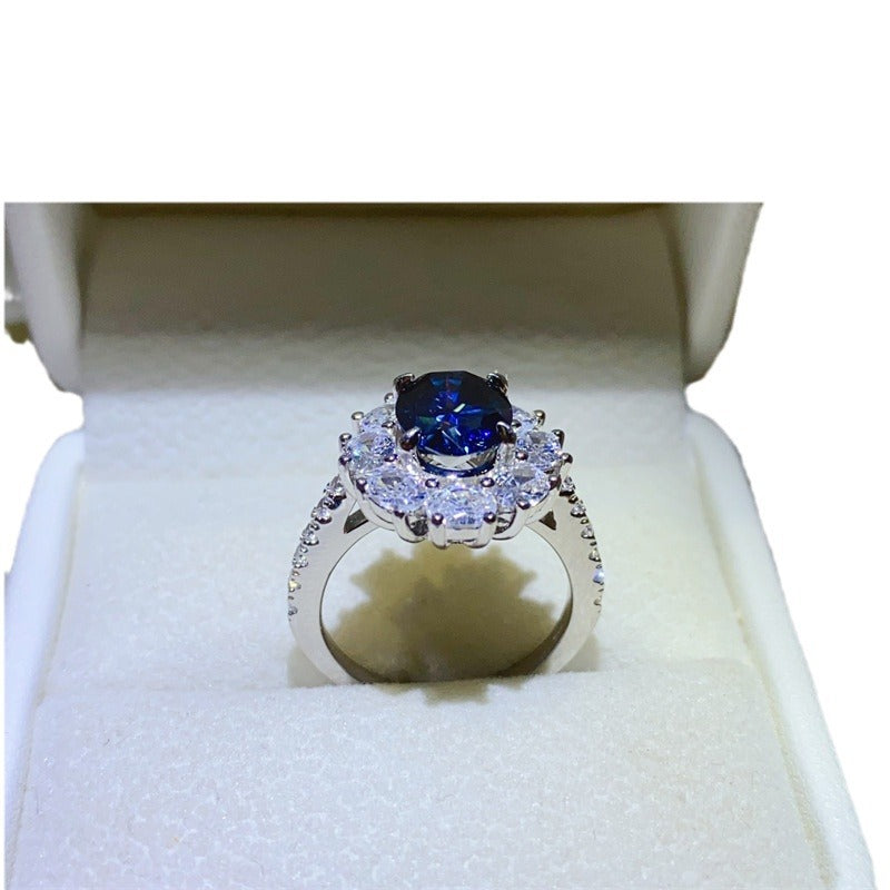 Blue Moissanite Halo Ring for Women, Oval Statement Engagement Ring, Promise Ring Gift product image