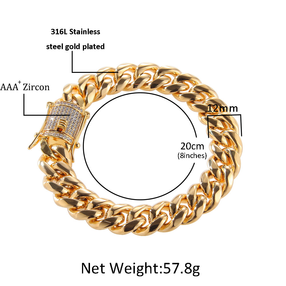 Unisex Stainless Steel Cuban Link Chain Necklace & Bracelet Set, Gold Plated Statement Jewelry