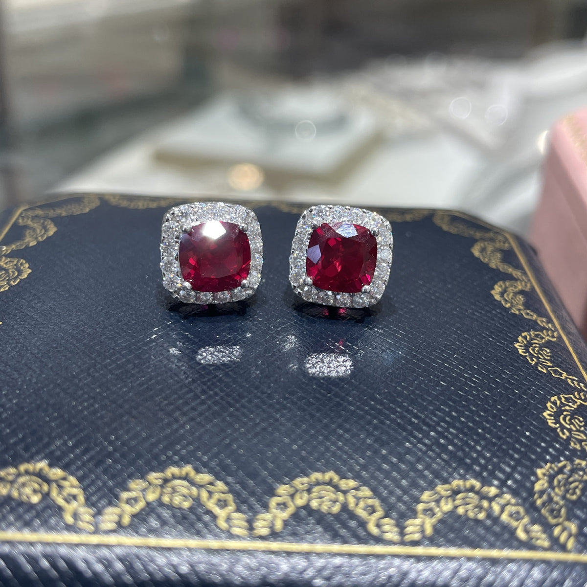 Square Halo Stud Earrings, Cushion Cut Colored Stone Ear Studs, Red and Blue Sparkle Earrings for Everyday Wear product image