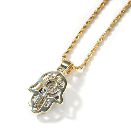 Iced Hamsa Hand Pendant Necklace with Cubic Zirconia Rope Chain for Women