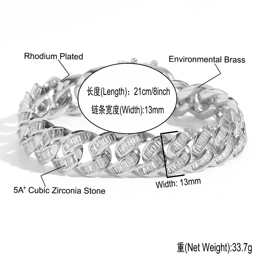 Hip Hop Light Luxury Square Cuban Link Cubic Zirconia Bracelet for Men