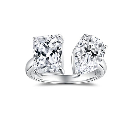925 Silver Moissanite Open Ring for Women, Double Stone Pear and Emerald Cut, 3+3 Carat Style