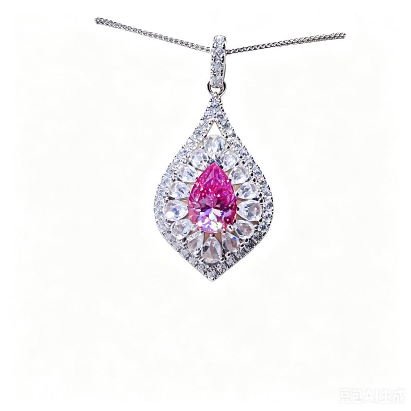 Pear Cut Moissanite Halo Pendant Necklace for Women, Teardrop Pavé Statement Necklace, Pink Center Stone Jewelry Gift product image