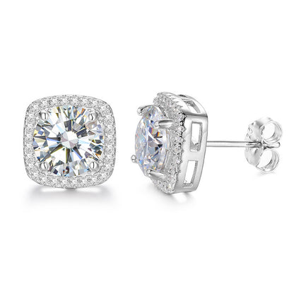 925 Silver Moissanite Square Stud Earrings for Women and Men, Geometric Iced Out Hip Hop Earrings