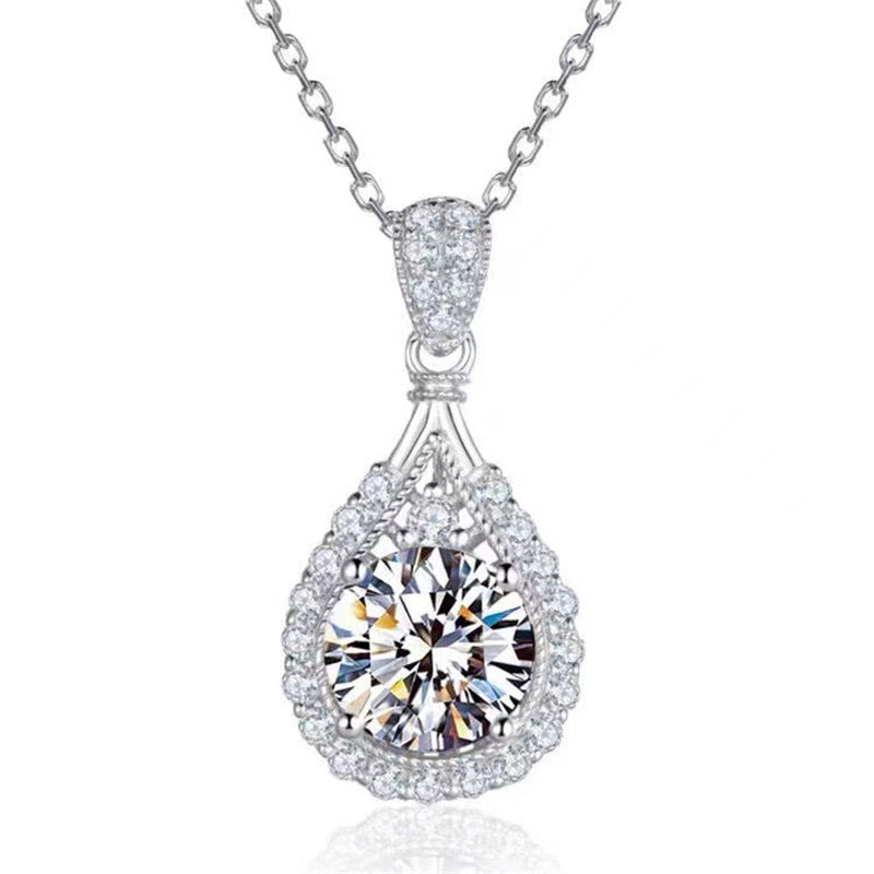 Teardrop Halo Moissanite Pendant Necklace for Women, Round Cut Statement Collarbone Chain, White or Green Stone Options product image
