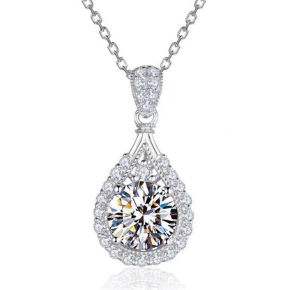Teardrop Halo Moissanite Pendant Necklace for Women, Round Cut Statement Collarbone Chain, White or Green Stone Options