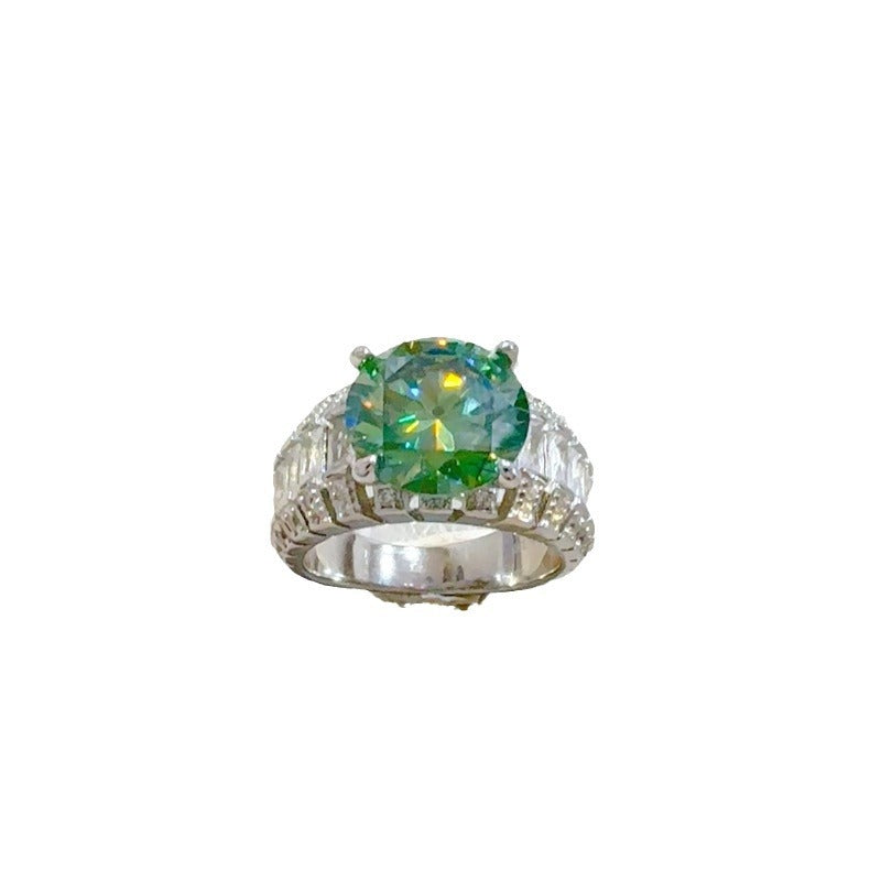 5 Carat Green Moissanite Ring for Women, Round Halo Engagement Ring with Baguette Side Stones, Floral-Inspired Promise Wedding Ring product image