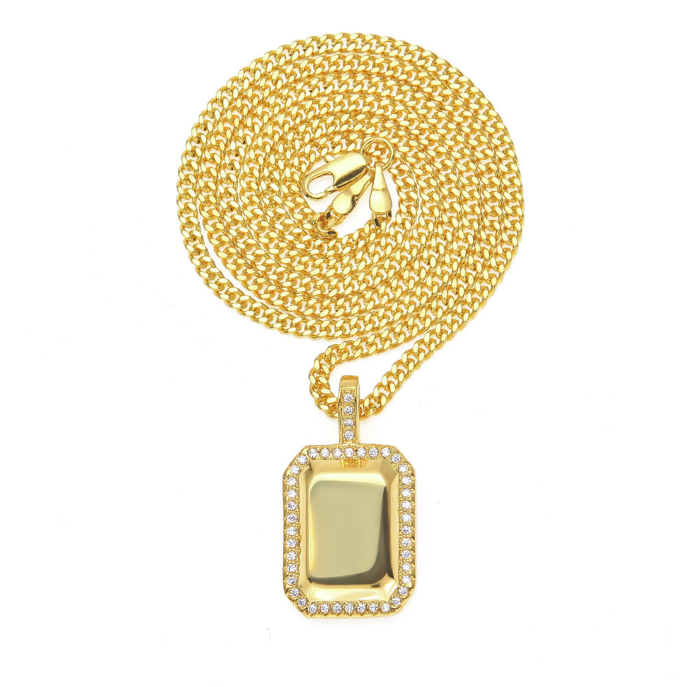 Iced Out Rectangle Pendant Necklace with 24 Inch Cuban Chain for Women and Men
