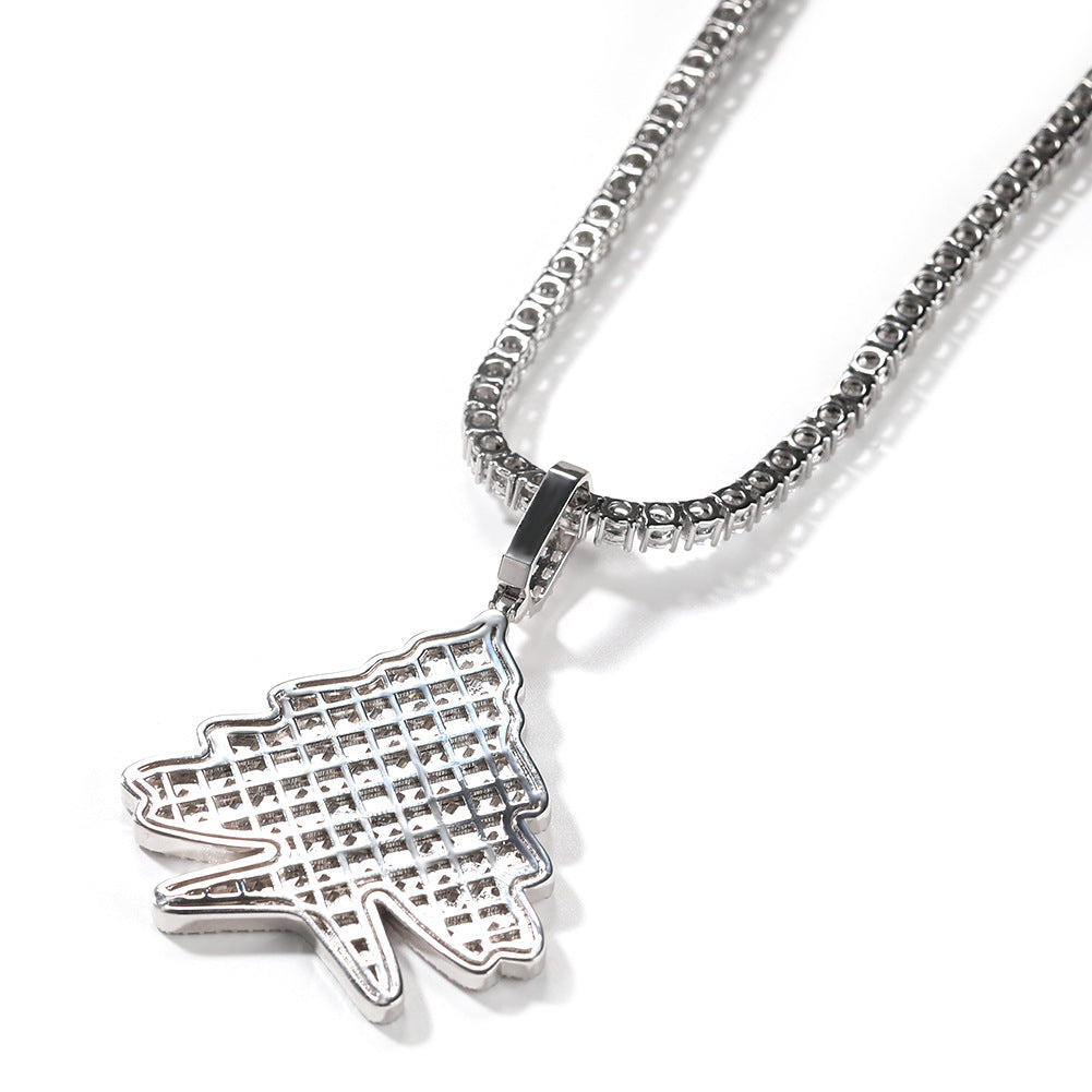 Iced Out Christmas Tree Pendant Necklace for Women – Cubic Zirconia Hip Hop Statement Chain, White Holiday Tree Charm with 24 Inch Twist Chain