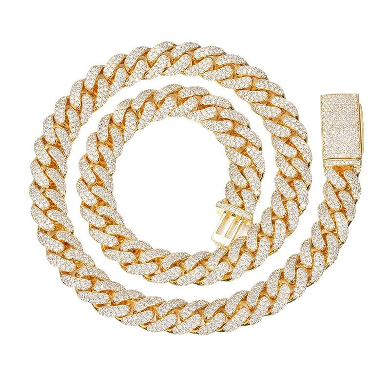 12mm Iced Out Double Row Cubic Zirconia Cuban Link Chain Necklace Bracelet Unisex Hip Hop Jewelry product image
