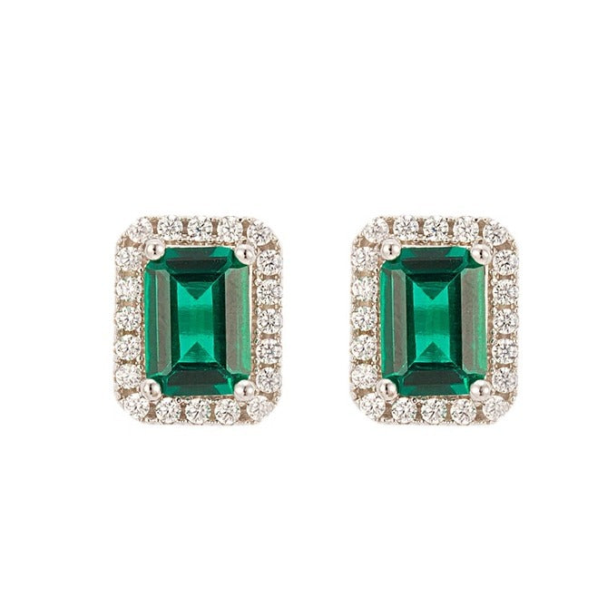 Lab-Grown Emerald Octagon Halo Stud Earrings for Women, S925 Silver product image