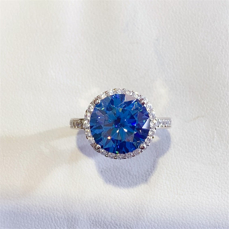 Blue Moissanite Halo Ring for Women, Round Cut Engagement Ring, 1 Carat 2 Carat 3 Carat 5 Carat Promise Ring product image