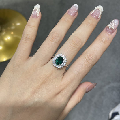 Emerald Green Oval Jewelry Set for Women, Halo Ring Earrings Necklace