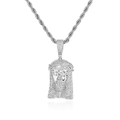 Jesus Face Pendant Rope Chain Necklace for Men, Iced Out Hip Hop Jewelry