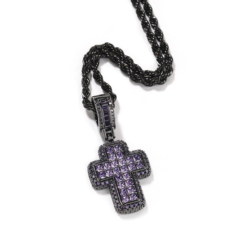Pink Cubic Zirconia Cross Pendant Necklace for Women with Silver-Tone Twisted Chain