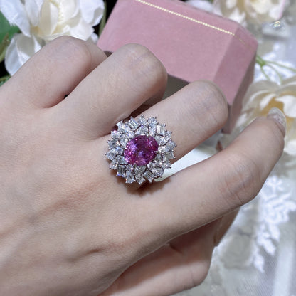 Pink Sapphire Halo Ring, S925 Silver Oval Cluster Ring for Women