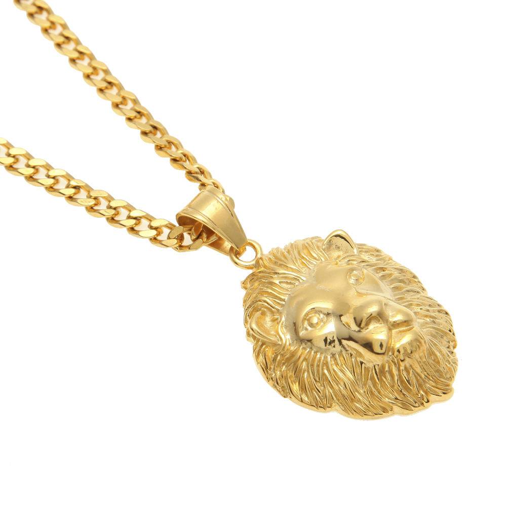 Gold Plated Stainless Steel Lion Head Pendant Necklace with 5mm Cuban Chain product image
