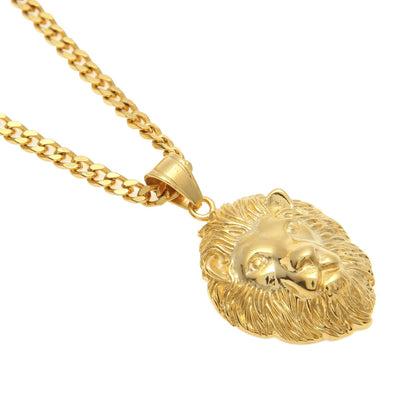 Gold Plated Stainless Steel Lion Head Pendant Necklace with 5mm Cuban Chain