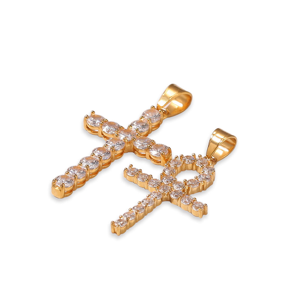 Gold Plated Stainless Steel Cross Pendant Necklace with Crystal Cuban Chain for Women product image