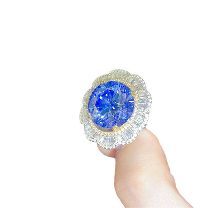 Blue Moissanite Halo Ring for Women, 5 Carat Floral Cluster Engagement Ring