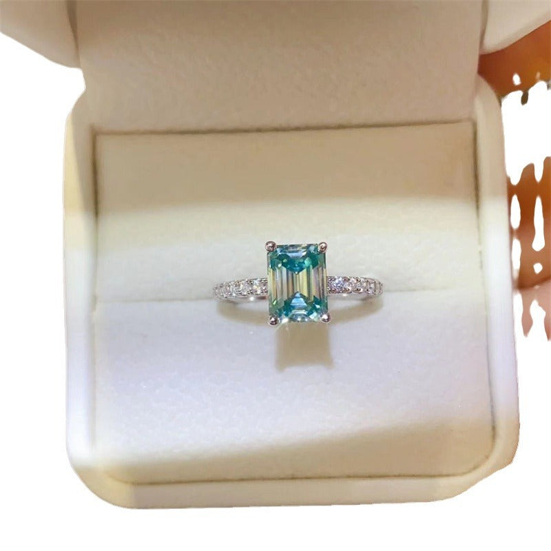 Green Emerald Cut Moissanite Ring for Women, Geometric U-Shape Pavé Band Promise Engagement Ring product image
