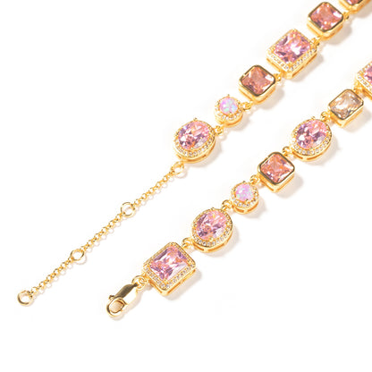 Pink Opal-Inspired Cubic Zirconia Bracelet and Necklace Set for Women & Men, Gold Tone Oval and Rectangle Statement Chain Jewelry