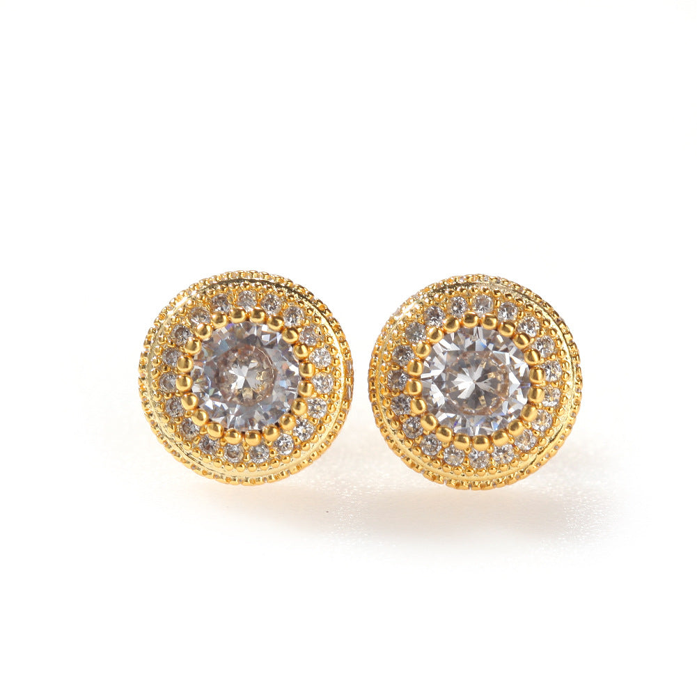Unisex Round Cubic Zirconia Stud Earrings in Gold or Silver Tone - Hip Hop Statement Earrings product image