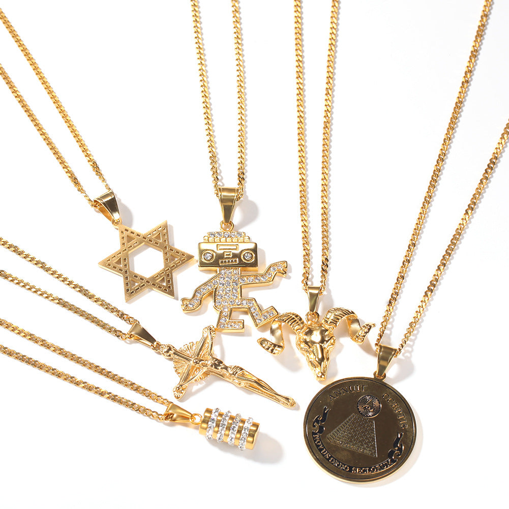 Gold Plated Dancing Robot Pendant Necklace with Cuban or Twist Chain - Trendy Stainless Steel Statement Jewelry