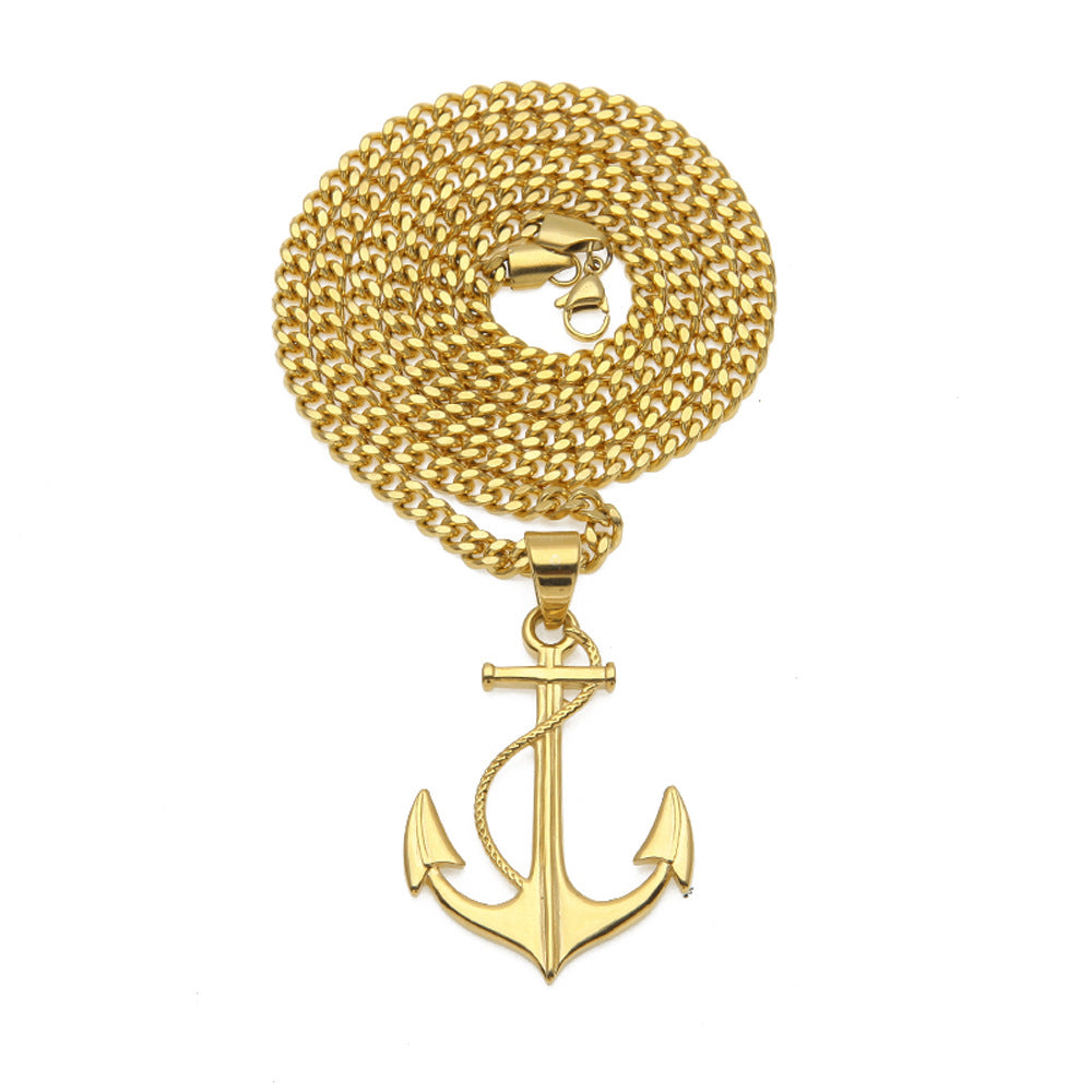 Unisex Gold Plated Stainless Steel Anchor Pendant Necklace with 5mm Cuban Chain product image