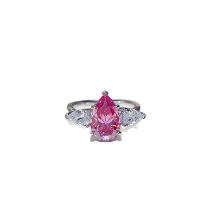 Pink Pear Cut Moissanite Ring for Women - Three Stone Engagement Style Ring, 1 Carat 2 Carat 3 Carat