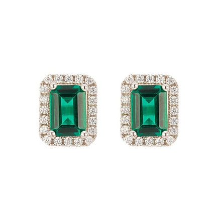 Lab-Grown Emerald Octagon Halo Stud Earrings for Women, S925 Silver