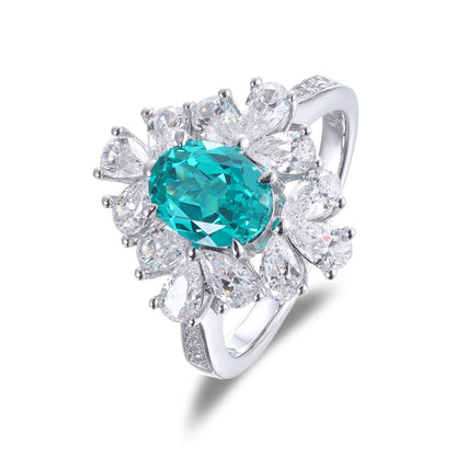 Green Oval Halo Wedding Ring for Women, S925 Silver Gold-Plated Paraiba-Style Ring