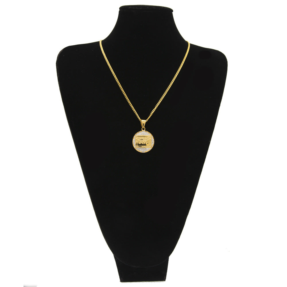 Gold Plated Round Pendant Necklace with Crystal Accent Border and 3mm Cuban Chain product image