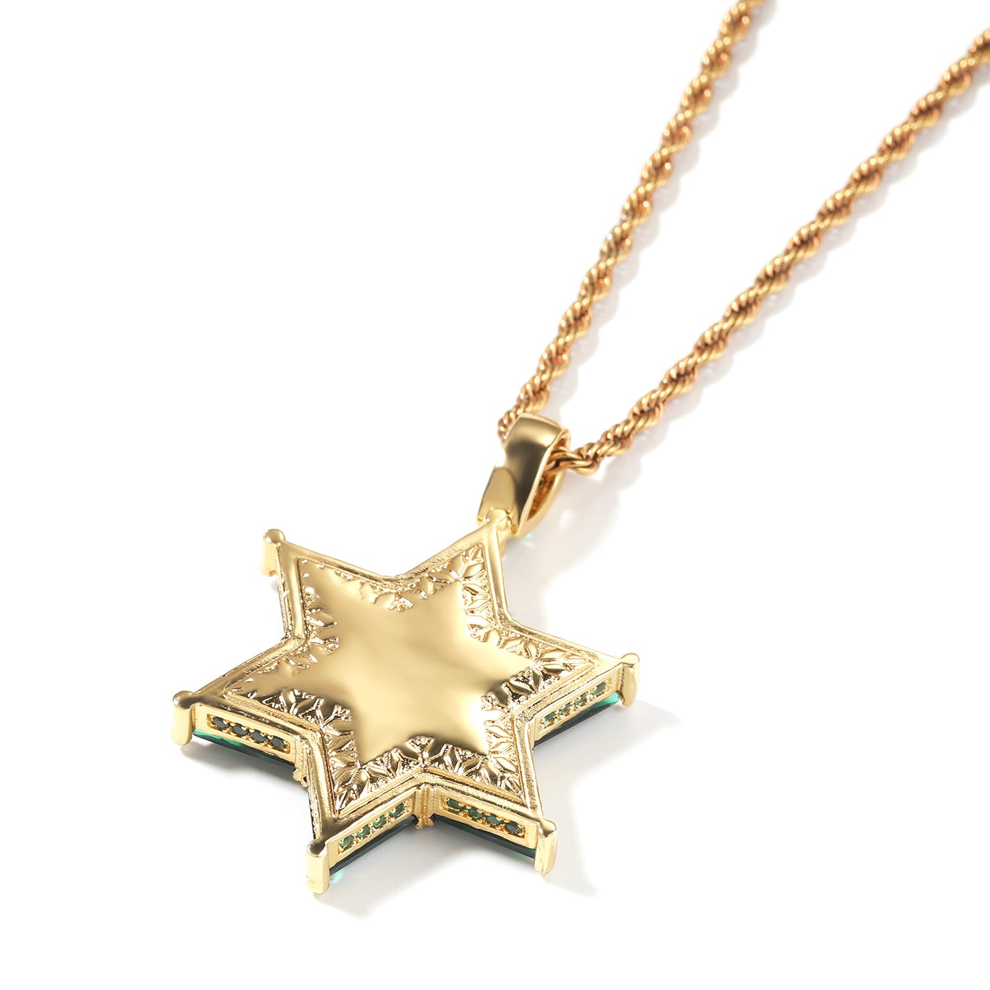 Emerald Green Star Pendant Necklace for Women with Cubic Zirconia Twist Chain, Gold Plated or Silver Plated Statement Necklace