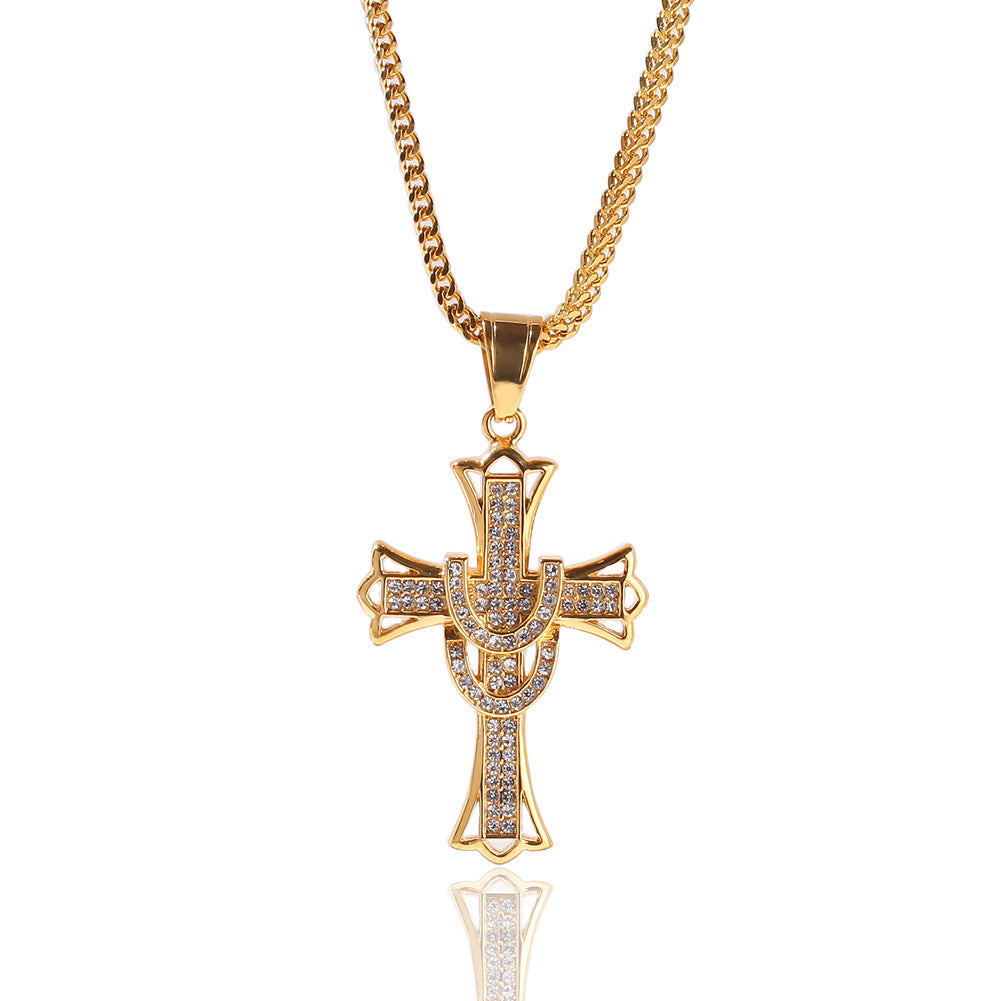 Stainless Steel Cross Pendant Necklace for Women - Gold or Silver Plated Crystal Statement Chain Necklace