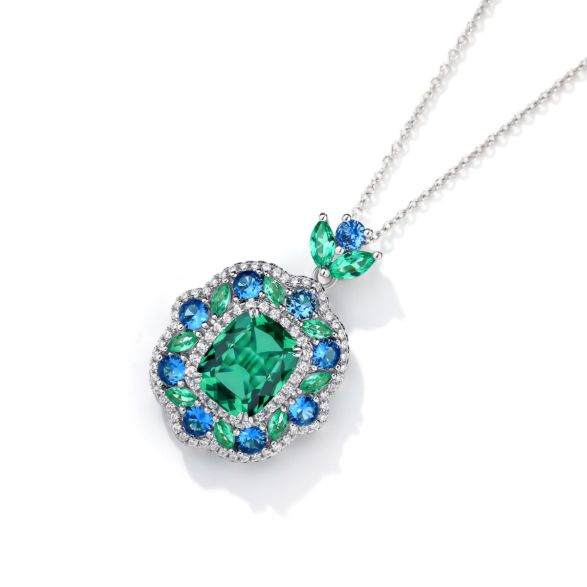 5 Carat Moissanite Halo Ring, Green Center Stone, Blue Accent Ring, S925 Sterling Silver product image