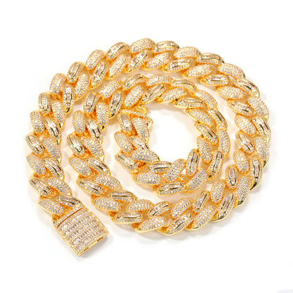 Men’s Iced Cuban Link Necklace with Cubic Zirconia Ring Detail Pendant Chain in Gold Plated or Silver Plated