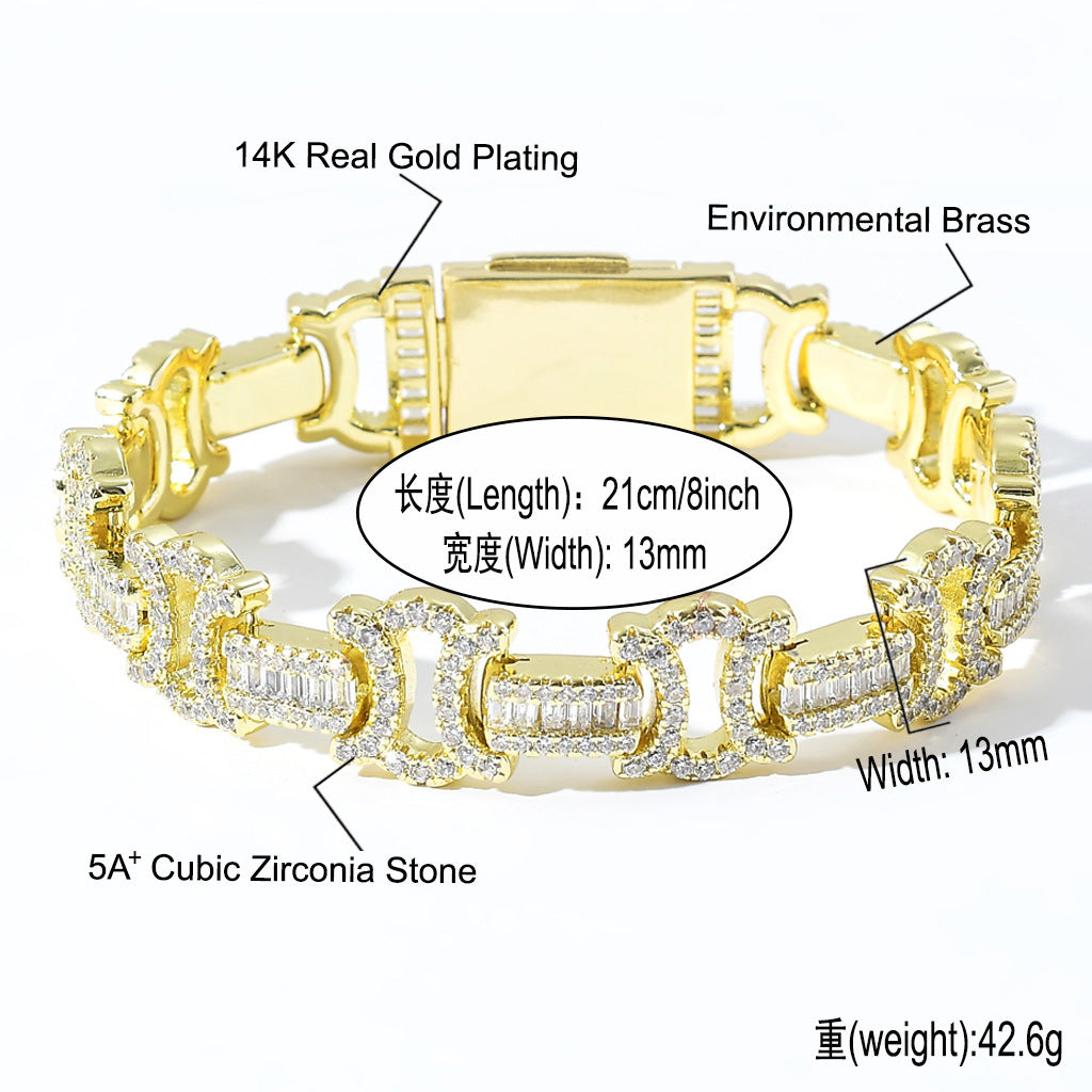 Hip Hop Light Luxury Square Iced Link Cubic Zirconia Bracelet for Men