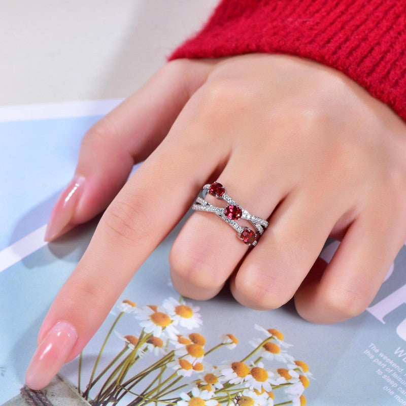 S925 Red Ruby Crossover Geometric Ring for Women product image